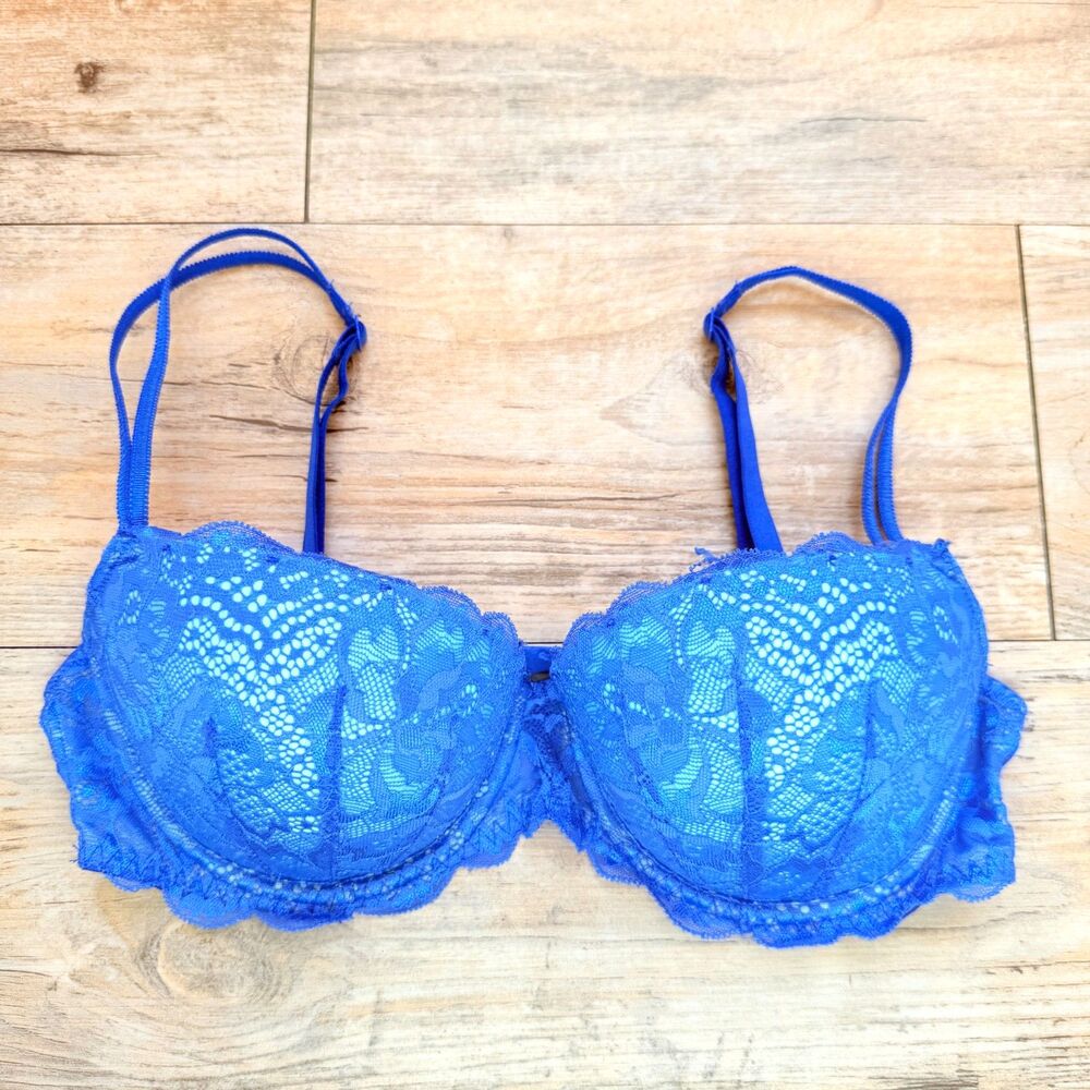 Victoria’s Secret Pink Push-Up Demi Bra 34C Cobalt Blue Lace Hot Pink Lining Y2K